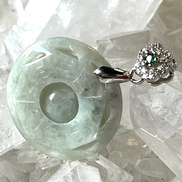 Natural Jade Pendant with Tiny Zircon Donut Shape Gemstone Crystal - Picture 6 of 7